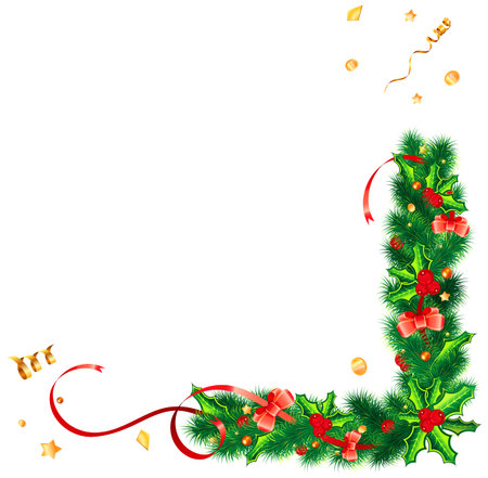 Christmas frame with holly berry, fir branches, mistletoe, streamer and Christmas decoration. isolated vector illustration on transparent backgroundのイラスト素材