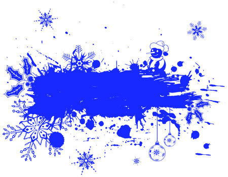 Merry Christmas and New Year Grunge Frame with snowflakes, baubles and snowman. Vector illustration on transparent backgroundのイラスト素材