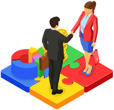 Handshake business man and woman after negotiating successful deal. startup partnership to achieve goals. teamwork. puzzles infographics. B2B hero images. isometric isolated vectorのイラスト素材