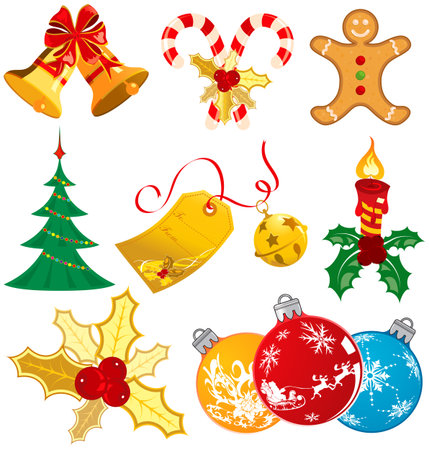 Christmas set with mistletoe, bell, tree, candle, element for design, vector illustrationのイラスト素材