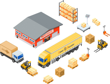 Warehouse, storage, logistics and delivery isometric infographics with storehouse, scales, truck, forklift. Vector illustrationのイラスト素材