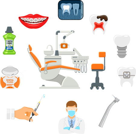 Dental Services banner and infographics with Oral Hygiene and Dental Clinic. Icons in Flat Style Doctor, Dentist Chair, Tooth and Braces. Isolated vector illustrationのイラスト素材