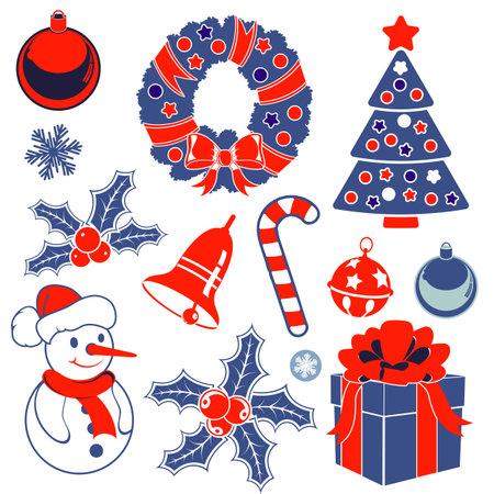 Set Christmas Icons in flat style and vintage colors with Tree, Snowman, Candy, Snowflake, vectorのイラスト素材