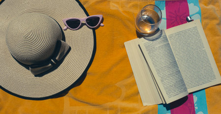 Summer holiday concept at seaside with bag, towel, sunglasses, hat and a book, leisure activity at the beach in vacationの写真素材