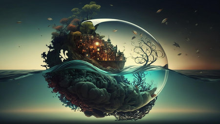 3d illustration of a house in a bubble floating in the waterの素材