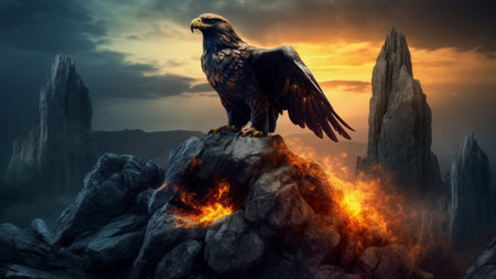 Eagle on a rock against a sunset background. 3d renderの素材