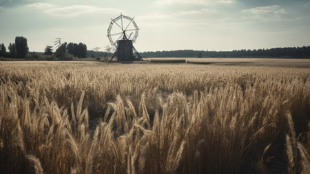 Old windmill in a wheat field. Beautiful landscape. Vintage style.の素材