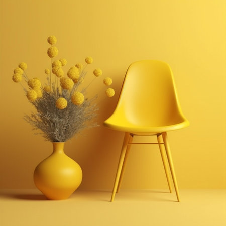 Yellow chair and a bouquet of flowers on a yellow background. 3d renderingの素材