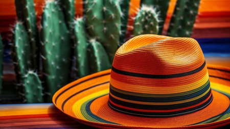 Mexican sombrero hat on a background of cactiの素材