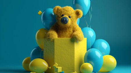 Teddy bear in a box with balloons. 3d rendering.の素材