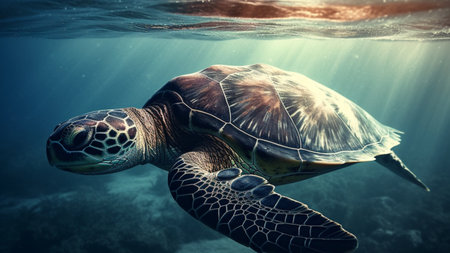 Green sea turtle swimming underwater in the ocean at sunset. 3d renderingの素材