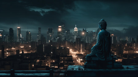 Silhouette of buddha with cityscape background at nightの素材