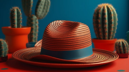 hat and cacti on a red background. 3d renderingの素材