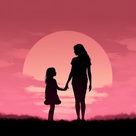 Silhouette of mother and daughter holding hands on sunset background.の素材