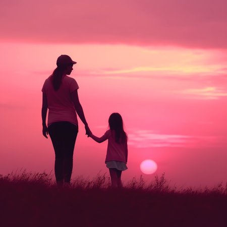Silhouette of mother and daughter holding hands on sunset sky backgroundの素材