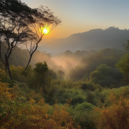 Sunrise in the misty forest. Nature landscape background with fog.の素材