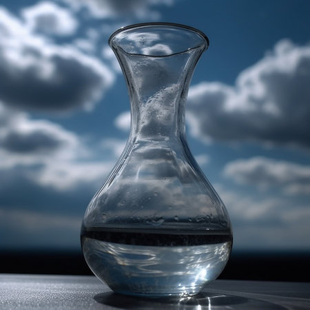 Glass decanter with water on the background of cloudy sky.の素材