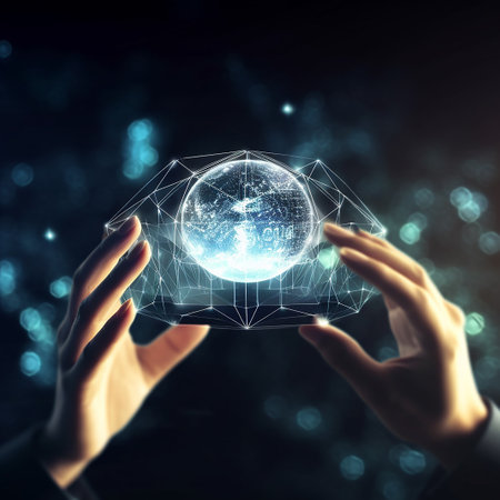Close up of hands holding smartphone with global network hologram. 3D renderingの素材