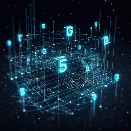 Abstract 3d rendering of 5G network on dark blue background.の素材