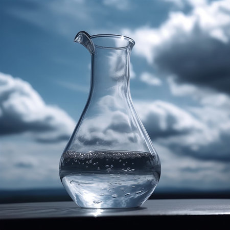 Glass decanter with water on the background of the sky with cloudsの素材