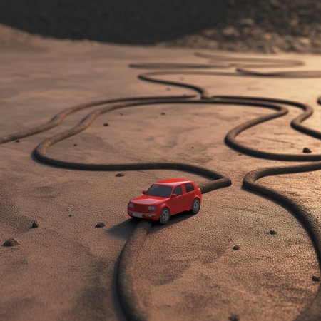 3d illustration of a red car on the road in the desertの素材