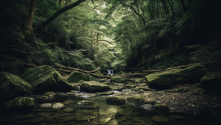 Mountain stream in the forest, long exposure photo with film grainの素材
