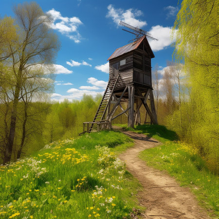 Wooden watch tower in the spring forest, 3d render.の素材