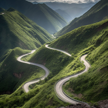Winding road in the mountains. Landscape with winding mountain roadの素材