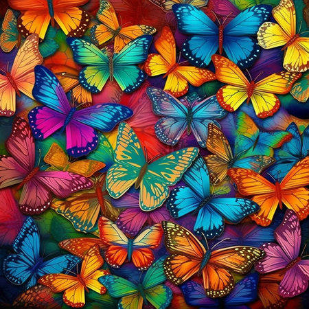 Multicolored butterflies on a colorful background. Abstract background with butterflies.の素材