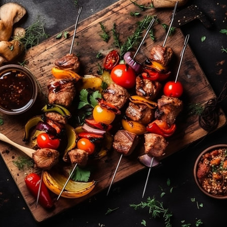 Grilled shish kebab on skewers with vegetables, top viewの素材