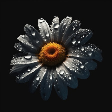 Beautiful chamomile flower with water drops on black backgroundの素材