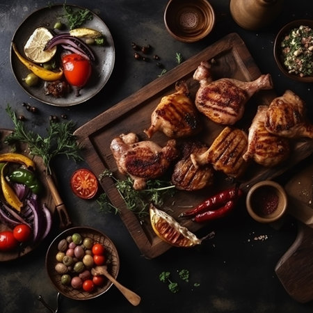 Grilled chicken legs with vegetables and spices on a dark background. Top viewの素材