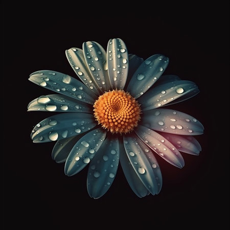 Beautiful chamomile flower with water drops on black backgroundの素材