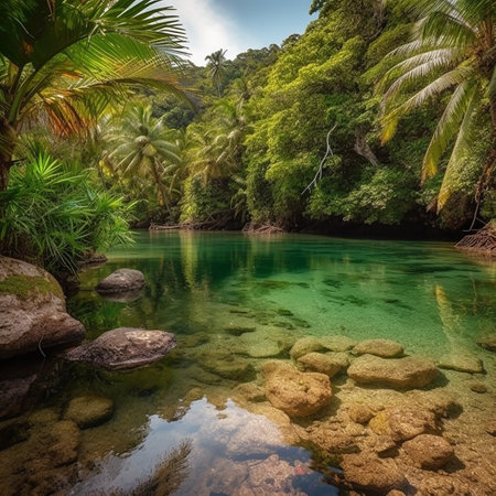 Tropical lagoon with turquoise water and palm treesの素材