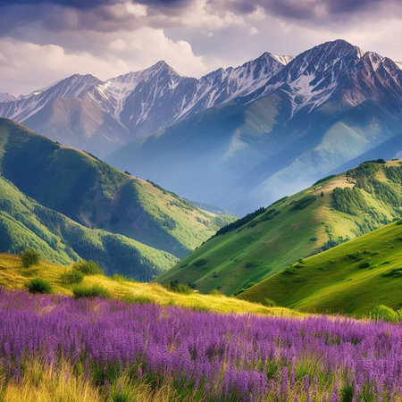 Mountain landscape with blooming lavender flowers in the valley.の素材