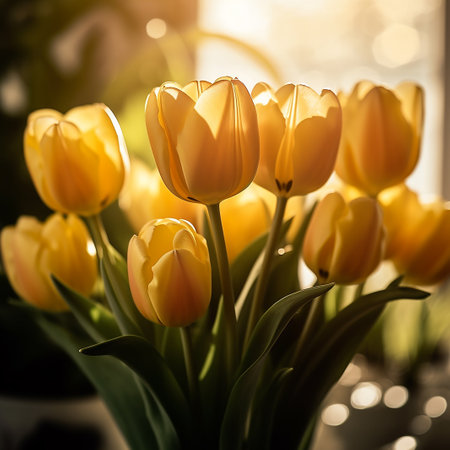 Yellow tulips in a vase on the windowsill. Vintage tonedの素材