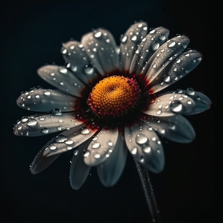 Beautiful daisy flower with dew drops on a dark backgroundの素材