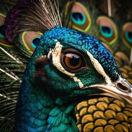 Portrait of a peacock with a beautiful blue and green feathersの素材