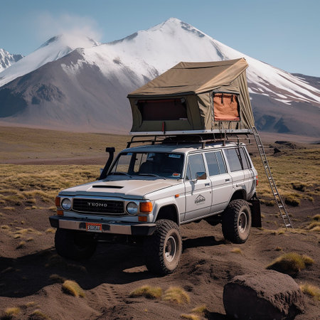 SUV camping in the mountains of the Altiplano, Boliviaの素材