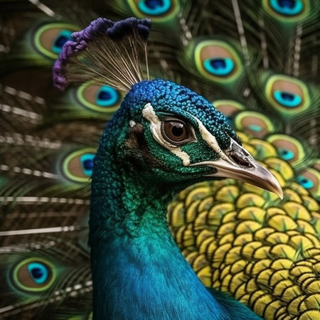 Portrait of beautiful peacock with feathers out. Close up.の素材
