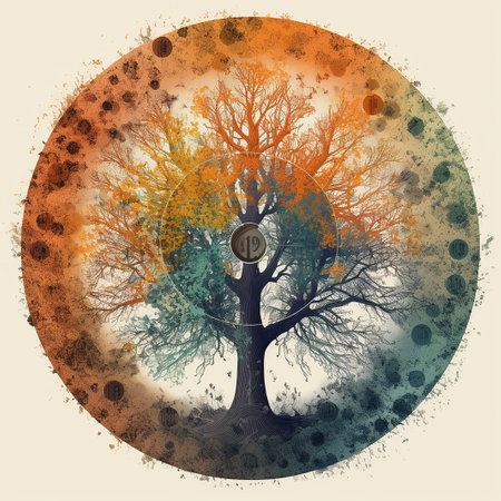 Autumn background with tree and circle frame. Grunge illustrationの素材