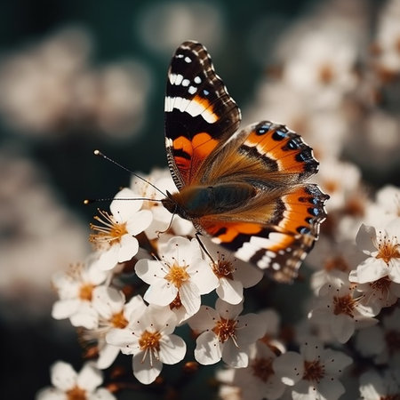 Butterfly on white flowers in spring. Beautiful butterfly in nature.の素材