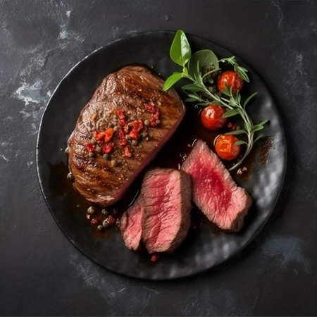 Grilled beef steak with herbs and cherry tomatoes on a black plateの素材