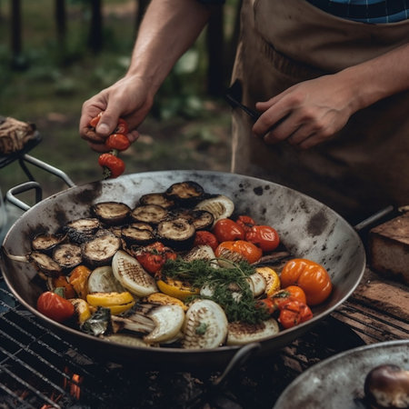 Grilled vegetables on a grill. Man in apron preparing vegetable stew.の素材