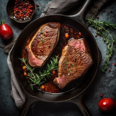 T-bone steak with rosemary and spices in a cast-iron frying panの素材