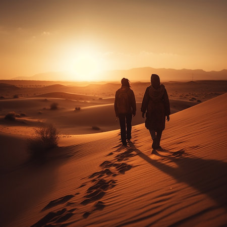Silhouette of man and woman walking in the desert at sunsetの素材
