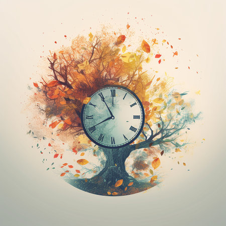 Time is running out concept with clock and autumn tree. Vector illustration.の素材