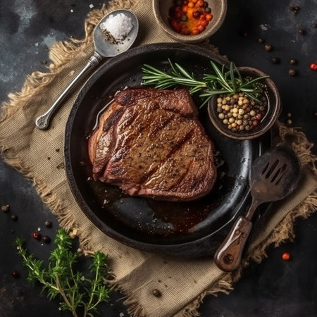 Grilled beef steak with rosemary and spices on a black backgroundの素材