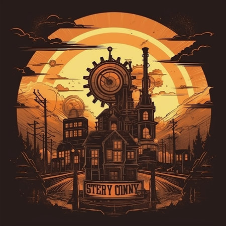 Vector illustration of a cityscape with a clock on the sunset backgroundの素材