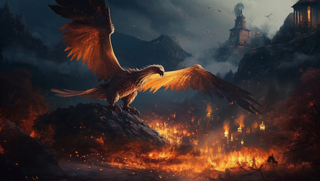 Fantasy scene with golden eagle in the forest. 3D illustrationの素材